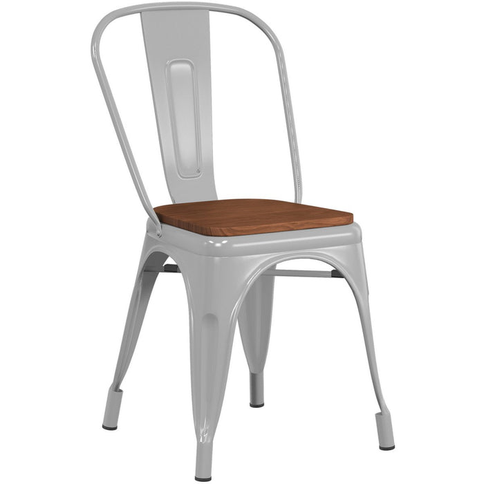 Bistro Dining Chair Wooden Seat Steel Grey Indoors |  WW164G Makfry