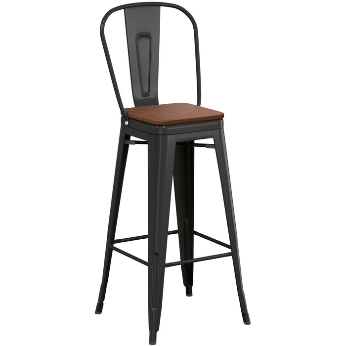 High Bar Stool Steel Black with Wooden Seat and High Backrest Indoors |  WW172B