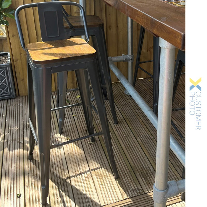 High Bar Stool Steel Grey with Wooden Seat and High Backrest Indoors |  WW172G Makfry