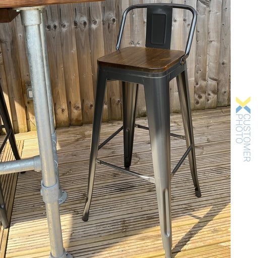 High Bar Stool Steel Grey with Wooden Seat and High Backrest Indoors |  WW172G Makfry