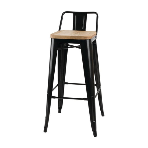 High Bar Stool Steel Black with Wooden Seat and Backrest Indoors |  WW62B Makfry