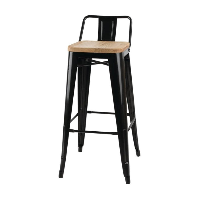 High Bar Stool Steel Black with Wooden Seat and Backrest Indoors |  WW62B Makfry