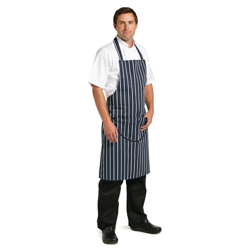 Whites Butchers Stripe Bib Apron with Pocket Blue/White Whites Chefs Clothing