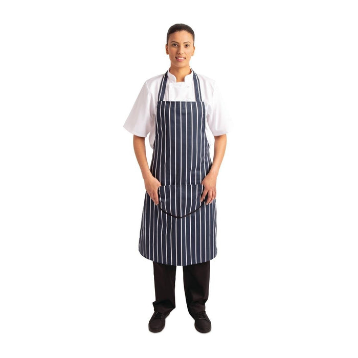 Whites Butchers Stripe Bib Apron with Pocket Blue/White Whites Chefs Clothing