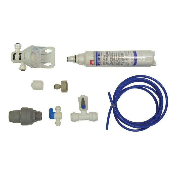 Kit contains saddle valve, waterblock, fitting, shut off valve, 2m of 1/4" tubing, filter and head.