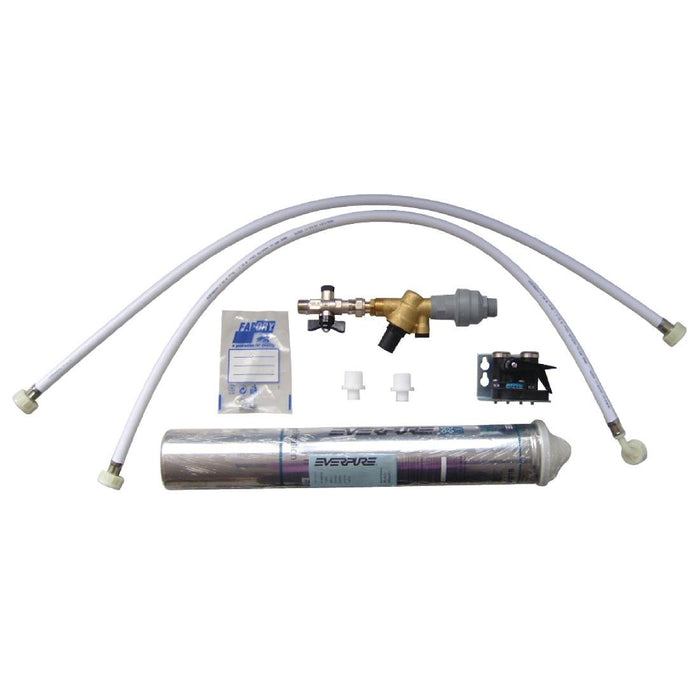 Kit contains Install Rail, filter and head, 2 hoses, 2 fittings.