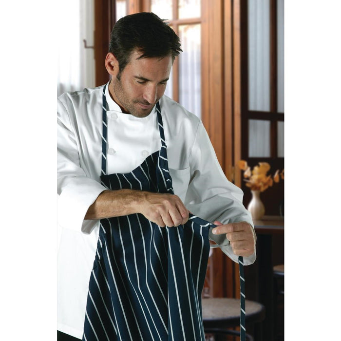 Chef Works Premium Woven Bib Apron Navy & White Stripe Chef Works