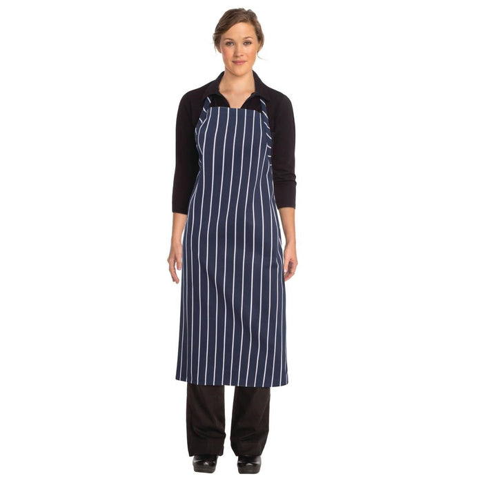 Chef Works Premium Woven Bib Apron Navy & White Stripe Chef Works