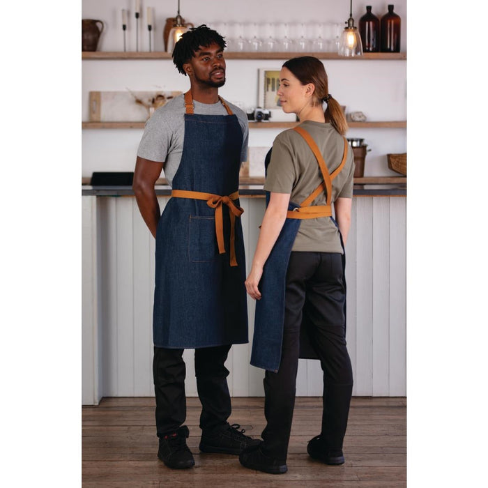 Southside X-Cross Back Apron Denim Blue Tan Ties Southside