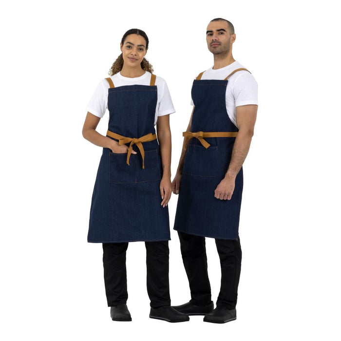 Southside X-Cross Back Apron Denim Blue Tan Ties Southside
