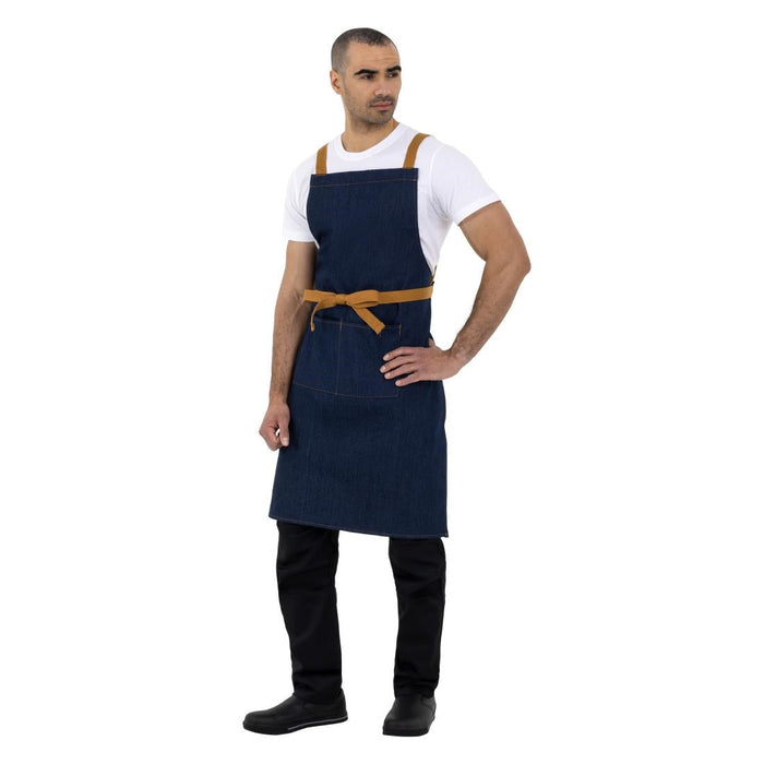 Southside X-Cross Back Apron Denim Blue Tan Ties Southside