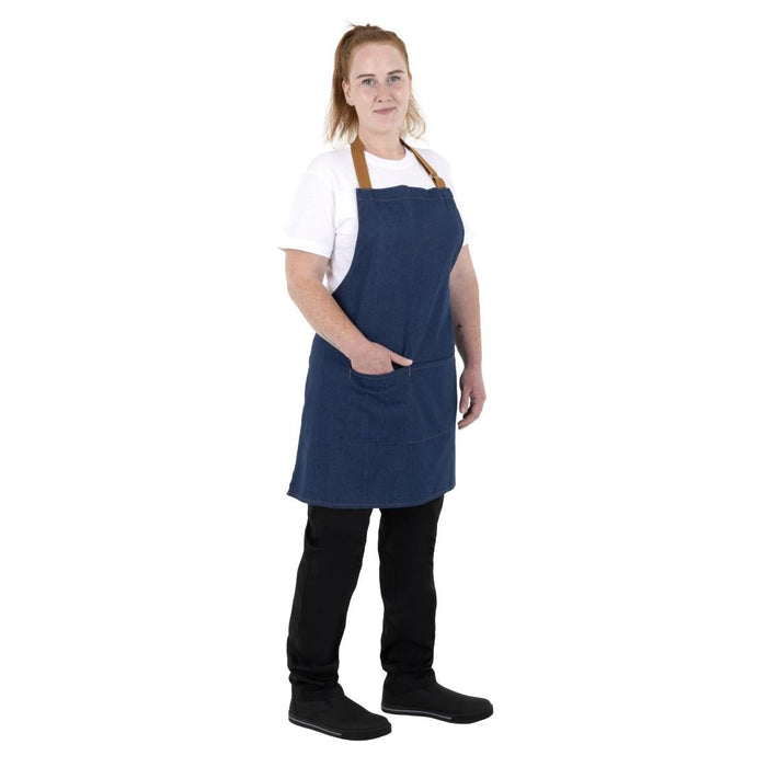 Southside Short Length Bib Apron Denim Blue with Tan Ties Southside