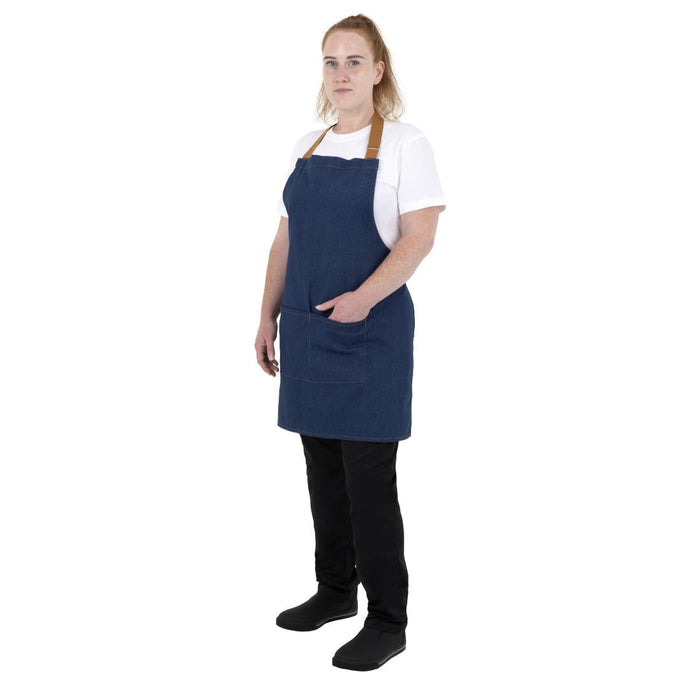 Southside Short Length Bib Apron Denim Blue with Tan Ties Southside