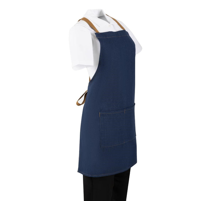 Southside Short Length X-Cross Back Bib Apron Denim Blue with Tan Ties Southside
