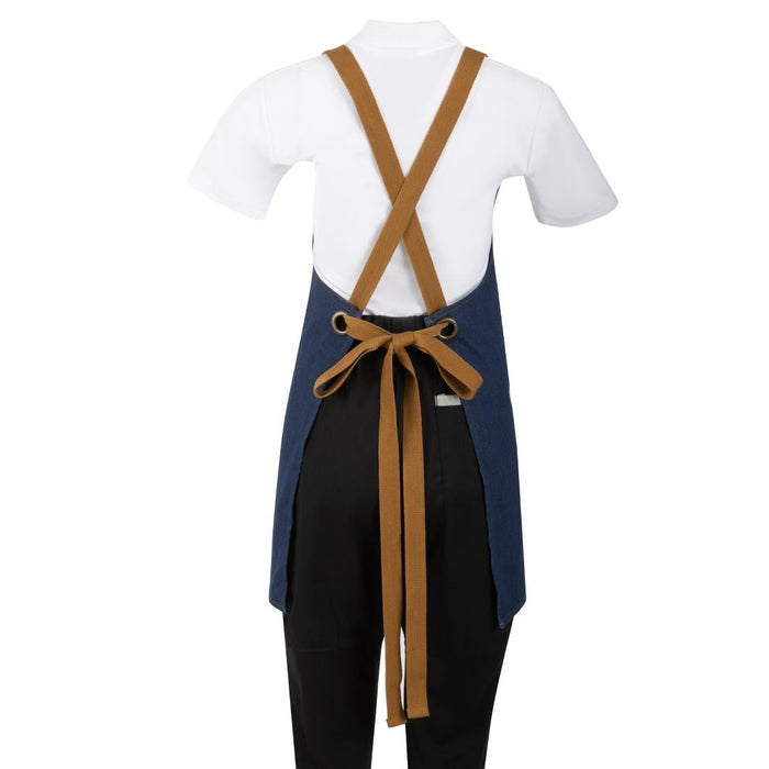 Southside Short Length X-Cross Back Bib Apron Denim Blue with Tan Ties Southside