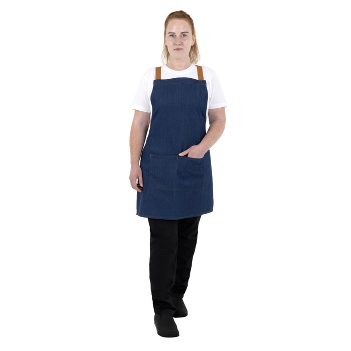 Southside Short Length X-Cross Back Bib Apron Denim Blue with Tan Ties Southside