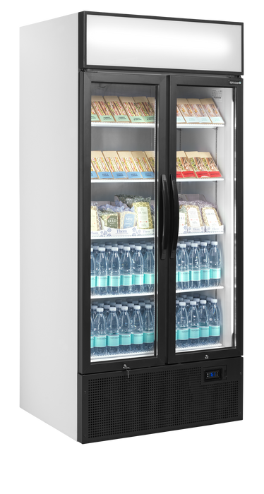 Tefcold FSC891H 707 Ltr Upright Double Hinged Glass Door White Display Fridge With Canopy