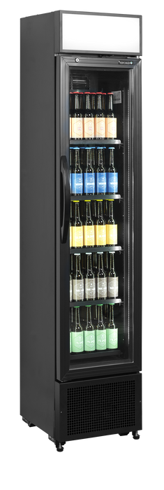 Tefcold FSC175H BLACK 182 Ltr Upright Single Glass Door Black Slimline Display Fridge With Canopy