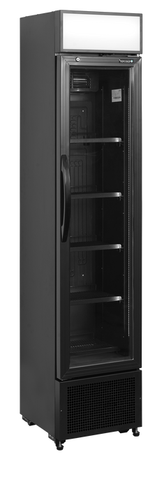 Tefcold FSC175H BLACK 182 Ltr Upright Single Glass Door Black Slimline Display Fridge With Canopy