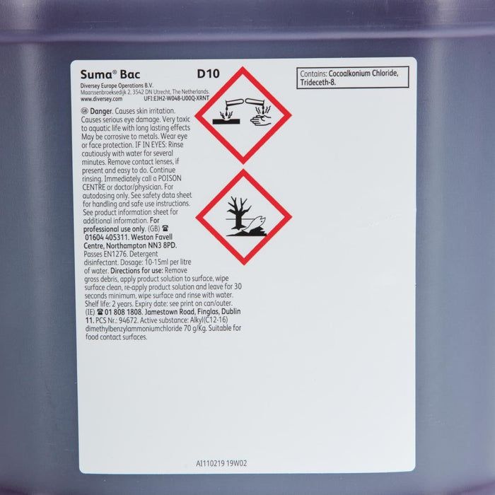 Suma Bac D10 Cleaner and Sanitiser Concentrate 5Ltr (2 Pack) Diversey