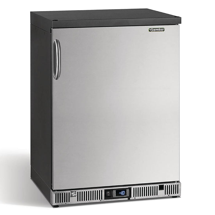 Black with stainless steel door. Capacity: 50 Pint Glasses