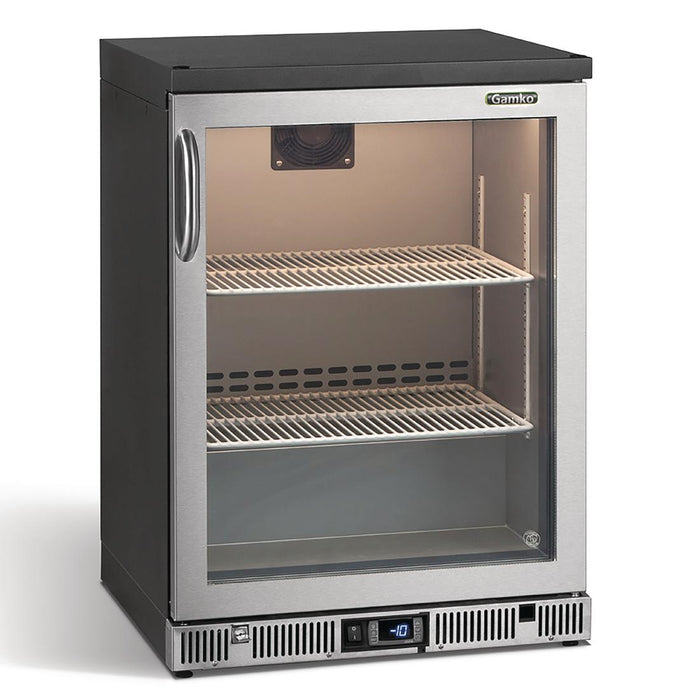 Black with stainless steel door. Capacity: 50 Pint Glasses