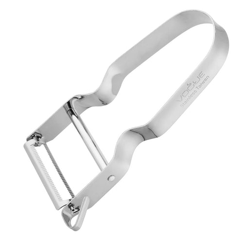 Stainless steel serrated edged speed peeler.