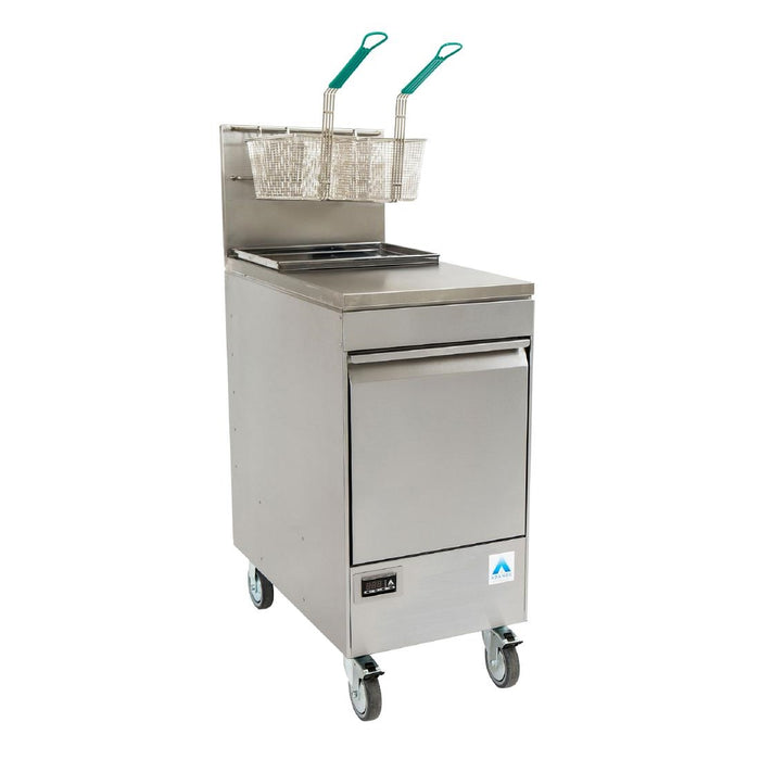 Capacity: 3x 1/1GN (1x 200mm, 2x 100mm) (64Ltr total). Double castors, solid top and fryer basket holder.