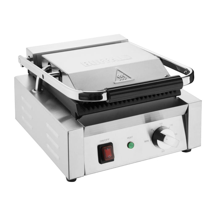 Power: 1.5kW. Single grill. Ribbed upper & lower plates
