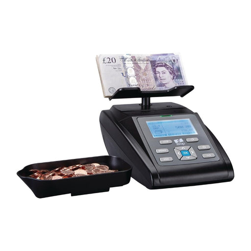 Counts banknotes and coins. Inbuilt rechargeable battery