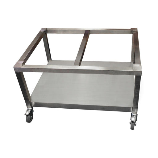 Stainless steel. Holds all 600mm wide Synergy Grill products including gas, electric and chargrill ovens
