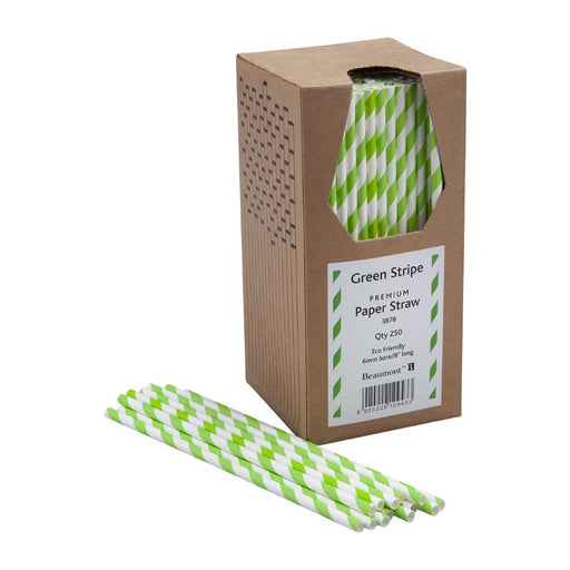 8" 6mm Bore Paper Straws (Green & White Striped)