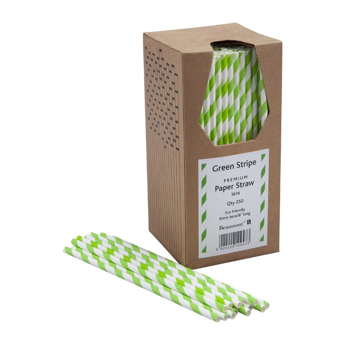 8" 6mm Bore Paper Straws (Green & White Striped)