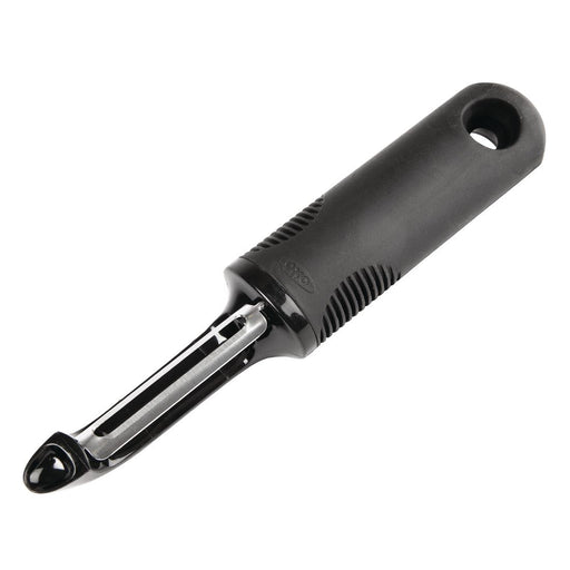Stainless steel swivel peeler. Features a pressure-relieving anti-slip handle.