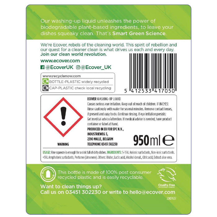 Ecover Lemon and Aloe Vera Washing Up Liquid Concentrate 950ml Ecover