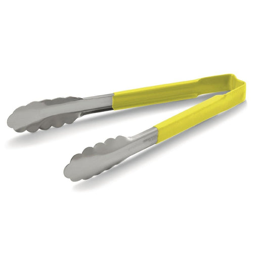 Stainless steel. Length: 305mm. Yellow handle for cooked meat