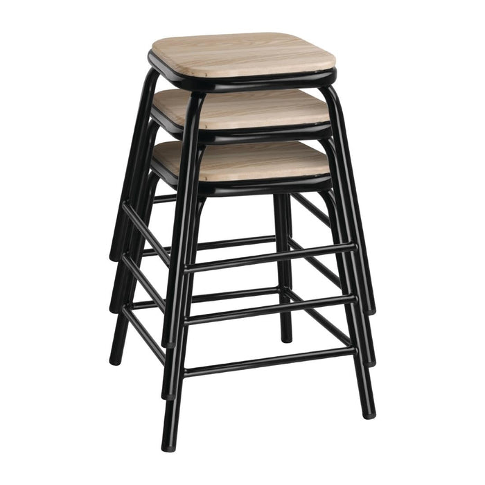 Bolero Cantina Low Stools with Wooden Seat Pad Black (4 Pack) Bolero