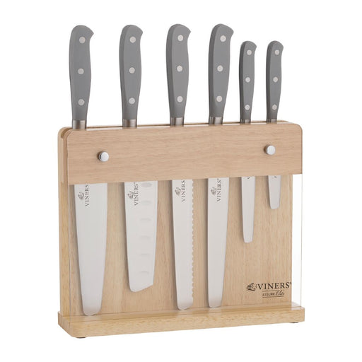 Contains: Chef, Carving, Bread, Santoku, Utility and Paring Knives with Knife Block