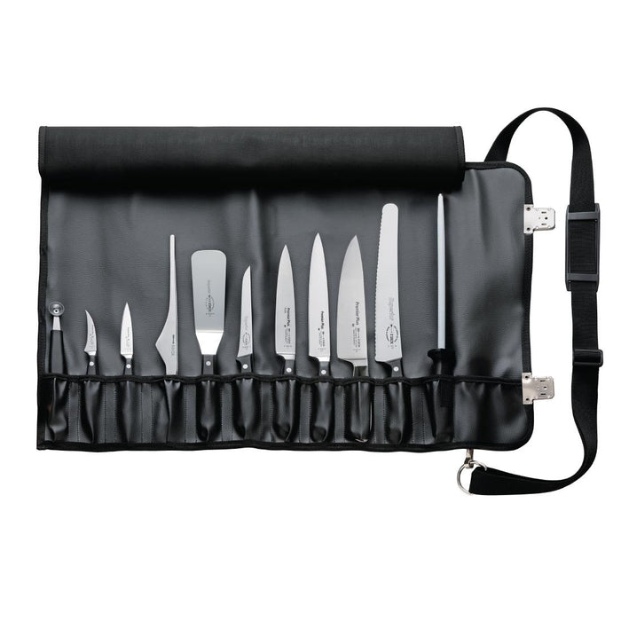 Contains: Chef Knife, Utility Knife, Slicer, Fillet Knife, Boning Knife, Paring Knife, Tourne Knife, Carving Fork, Spatula, Steel, Melon Baller & Bag