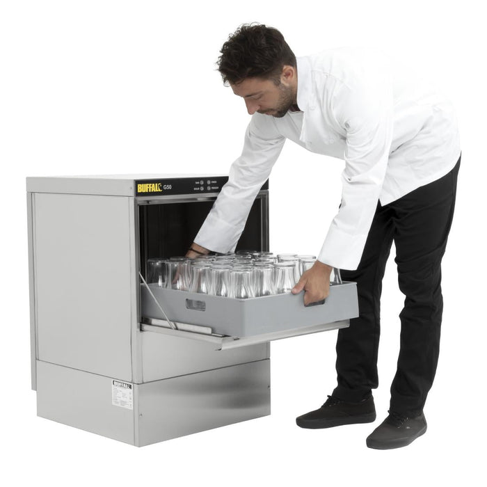 Buffalo Undercounter Glasswasher with Drain Pump 500x500mm Baskets Buffalo