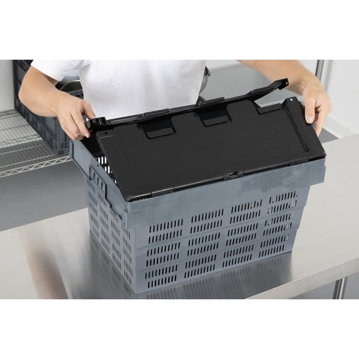 Vogue Perforated Plastic Transport Storage Crate with Attached Lid 600x400x320mm Vogue