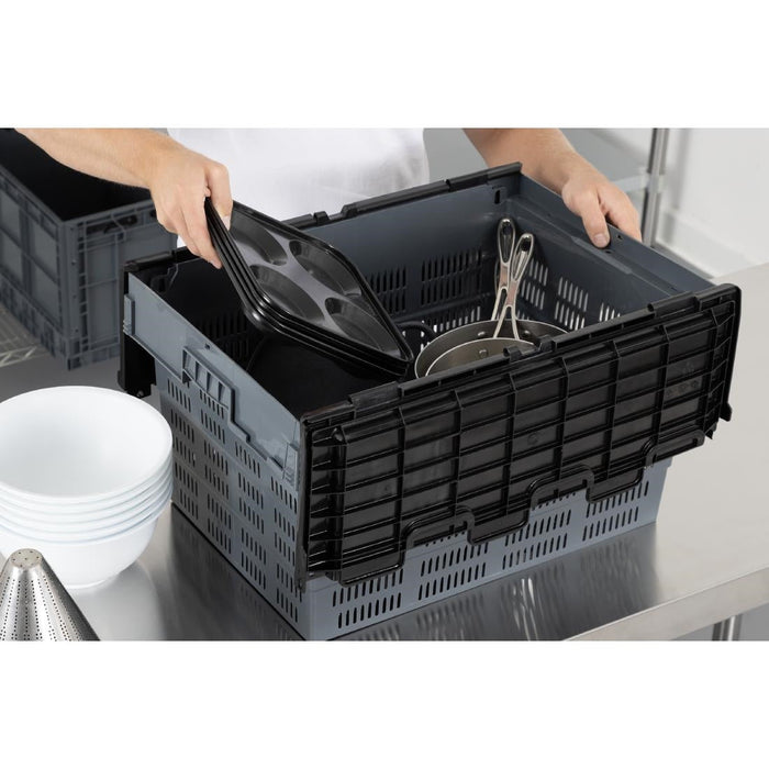 Vogue Perforated Plastic Transport Storage Crate with Attached Lid 600x400x320mm Vogue