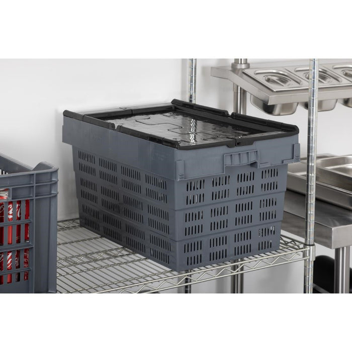 Vogue Perforated Plastic Transport Storage Crate with Attached Lid 600x400x320mm Vogue