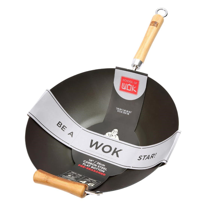 Dexam School of Wok Pre-Seasoned Carbon Steel Flat Base Wok 360mm School of Wok by Dexam