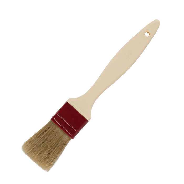 40mm wide bristles. Flat. Dishwasher proof plastic handles.