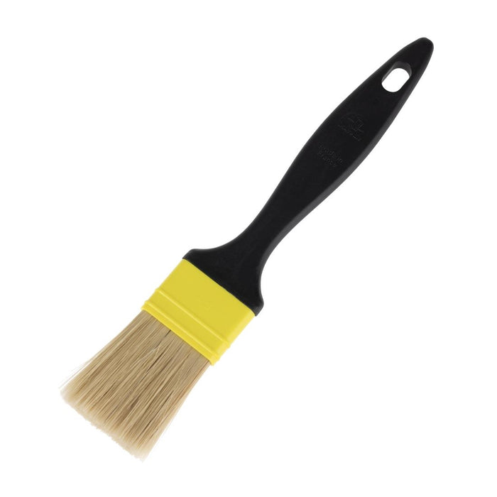 45mm wide bristles. Flat. Dishwasher proof plastic handle.