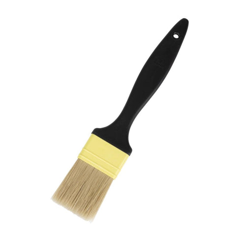 50mm wide bristles. Flat. Dishwasher proof plastic handle.
