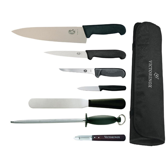 Contains: Cooks Knife, Fillet Knife, Palette Knife, Boning Knife, Paring Knife, Steel, Peeler and Wallet