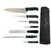 Contains: Cooks Knife, Fillet Knife, Palette Knife, Boning Knife, Paring Knife, Steel, Peeler and Wallet