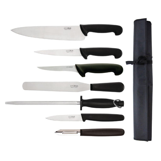 Contains Cooks Knife, Palette Knife, Fillet Knife, Boning Knife, Paring Knife, Steel, Peeler & Wallet
